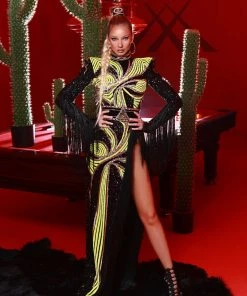 Shopalbina2022 Long Black & Yellow Neon Sequin Dress 2020's