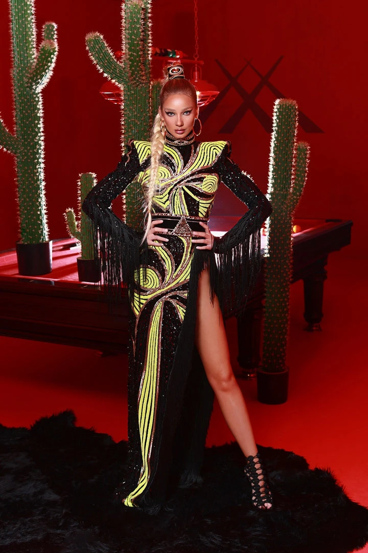 Shopalbina2022 Long Black & Yellow Neon Sequin Dress 2020's 1 Shopalbina2022 Long Black & Yellow Neon Sequin Dress 2020's