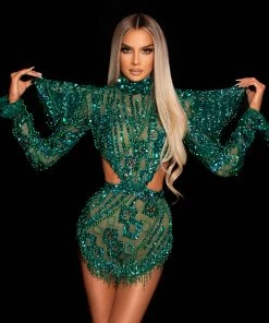 Shopalbina2022 GLORIA Short Embellished Green Dress