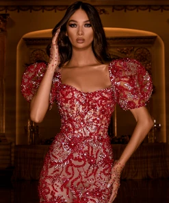 Shopalbina2022 HERMINIA Red Lace Midi Dress