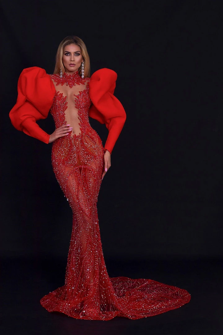 Shopalbina2022 Embellished Puff Sleeve Red Dress 2 Shopalbina2022 Embellished Puff Sleeve Red Dress