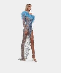 Shopalbina2022 WILD Long Blue One Sleeved Feathered Dress