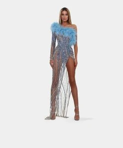Shopalbina2022 WILD Long Blue One Sleeved Feathered Dress