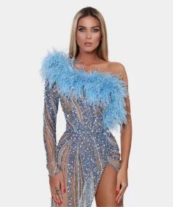 Shopalbina2022 WILD Long Blue One Sleeved Feathered Dress