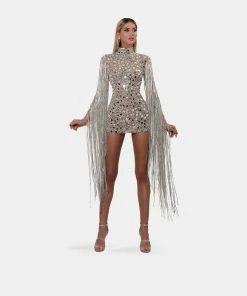 Shopalbina2022 Short Mirror Silver Dress With Tassels