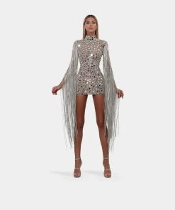 Shopalbina2022 Short Mirror Silver Dress With Tassels