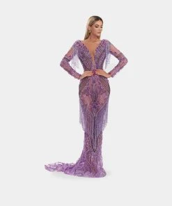 Shopalbina2022 Long Dress With Purple Embroidery And Tassels