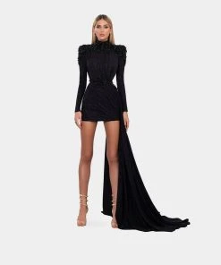 Shopalbina2022 Short Black Dress With High Neck And Side Tail WILD