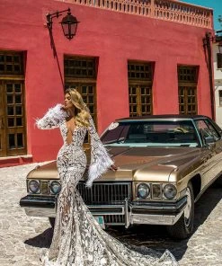 Shopalbina2022 Bridal Lace Dress With Feathered Loose Sleeves