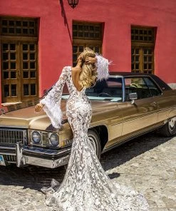 Shopalbina2022 Bridal Lace Dress With Feathered Loose Sleeves