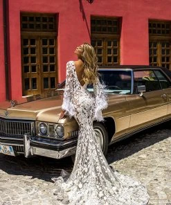 Shopalbina2022 Bridal Lace Dress With Feathered Loose Sleeves