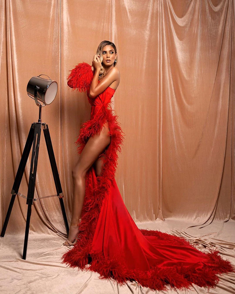 Shopalbina2022 Elegant Red Feathered Dress FEMME 1 Shopalbina2022 Elegant Red Feathered Dress FEMME