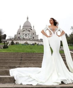 Shopalbina2022 BRIGITTE White Cape Sleeved Dress