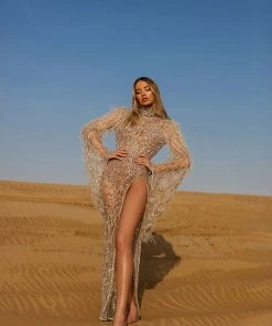 Shopalbina2022 DESERTE Long Feathered Bronze Dress