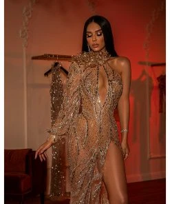 Shopalbina2022 HAUTE COUTURE Gold Embellished Glamorous Dress