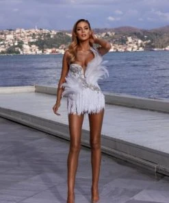 Shopalbina2022 White Feathered Short Dress Fairy Tale