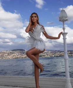 Shopalbina2022 White Feathered Short Dress Fairy Tale