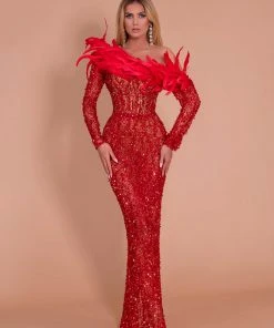 Shopalbina2022 Midi Length Red Embellished Dress