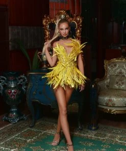 Shopalbina2022 Yellow Feather Dress 2020's
